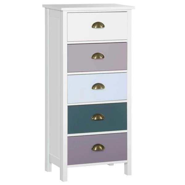 Slim 5-drawer cabinet with multi-color drawer fronts and gold metal handles
