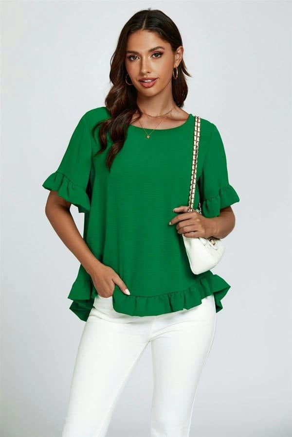 FS Collection Frill Detail Short Sleeves Top In Green
