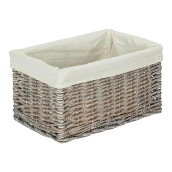 Small Grey Wash White Cotton Lined Willow Storage Baskets