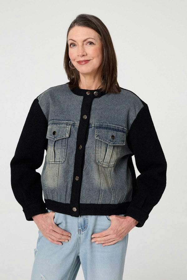 Black | Denim Contrast Texture Boxy Jacket
