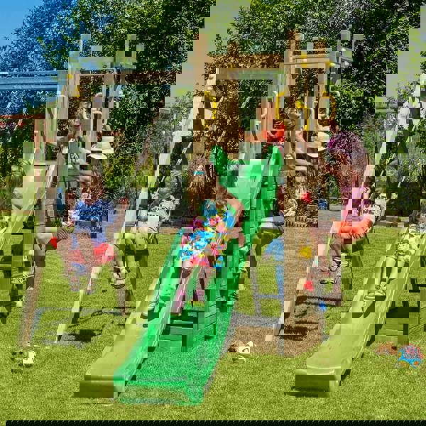 Climbing frame Rumble Ridge Rock Wall featuring single swing and slide - Best Shed