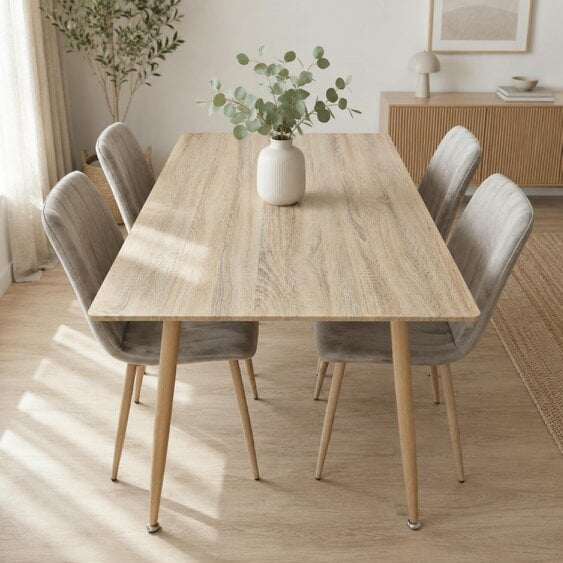 KOSY KOALA 4 Seater Modern Dining Table 140cm with Wood Effect Metal Leg and 4 Beige Chairs  for Kitchen & Dining Room Furniture Set