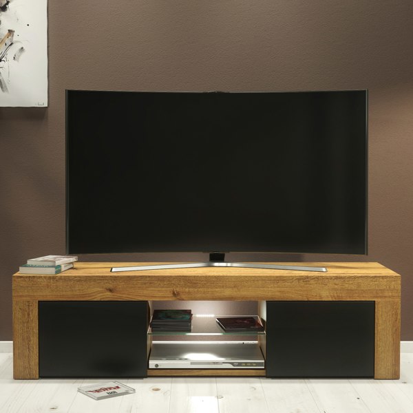 Mex Furniture 130cm Oak TV Unit Sideboard Cabinet with Black Matt Doors and Free LED Lights