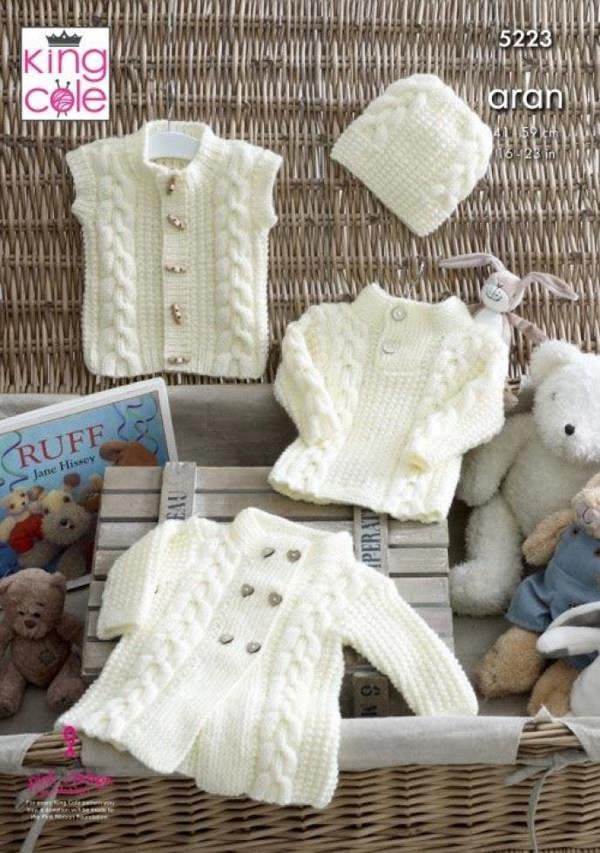 King Cole Comfort Aran Knitting Pattern 5223, Coats, Sweaters, Waistcoats, Headwear for Baby, Kids, 3 Months - 3 Years