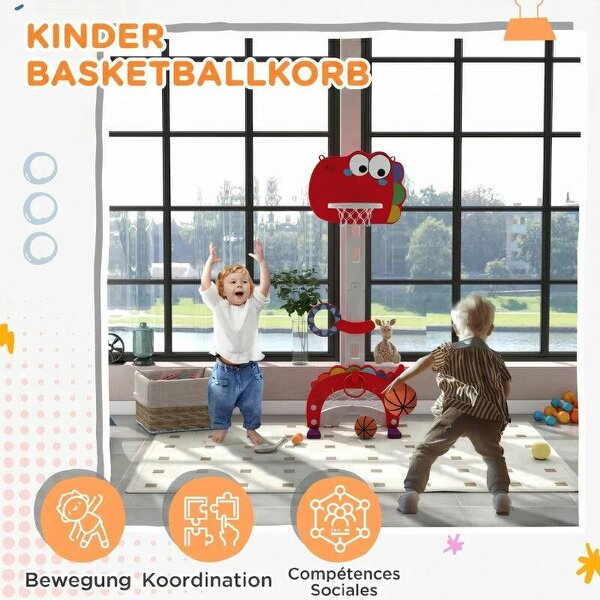 5-in-1 Dinosaur Basketball Set with Adjustable Basketball Stand and Golf Game, Indoor for Boys Girls, Red