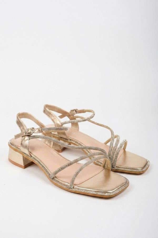 Pearl Rhinestone Embellished Strappy Low Sandals - Gold