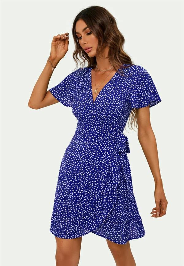 FS Collection Floral Print Mini Wrap Dress In Blue