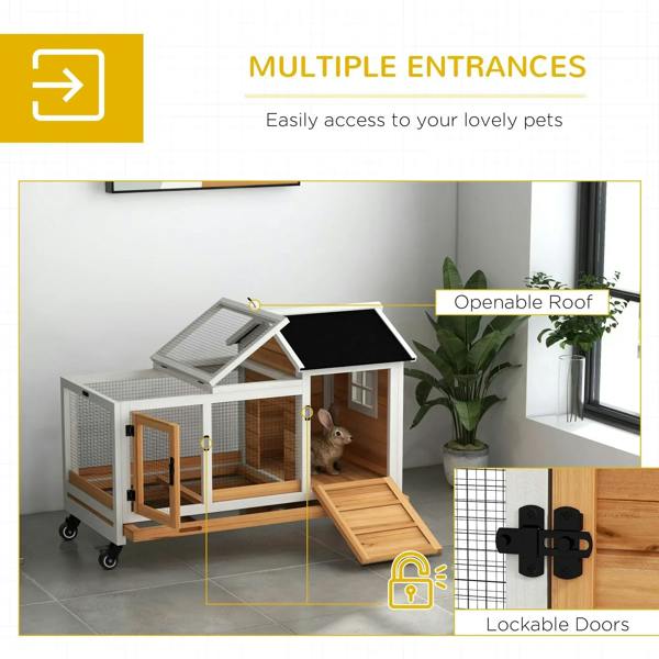 Rabbit hutch showing openable roof, wire enclosures, and lockable door on wheels