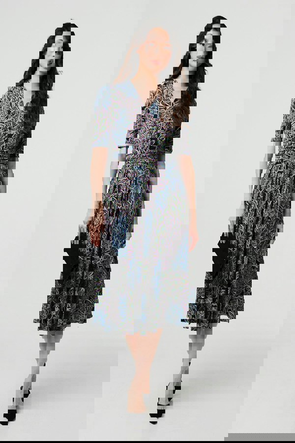 Navy | Leaf Print 1/2 Sleeve Faux Wrap Midi Dress
