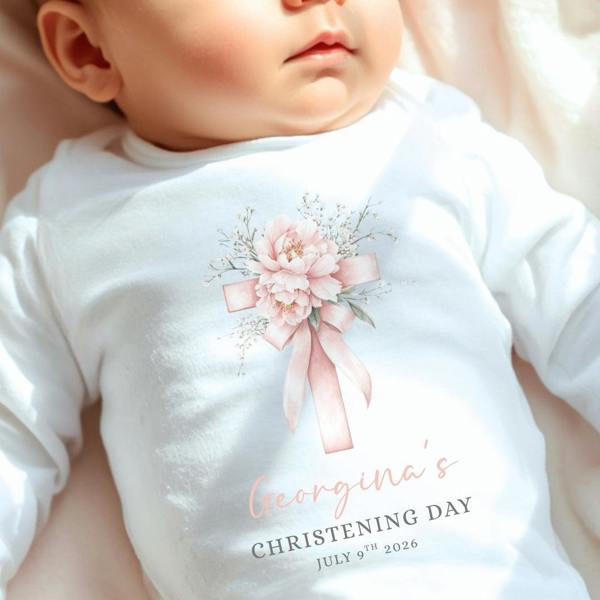 Personalised Flower Cross Christening Baby Grow, Vest or Bib with Name