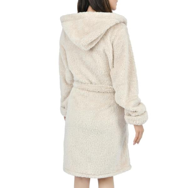 Smart Living Women's Faux Fur Fleece Hooded Bathrobe- Natural
