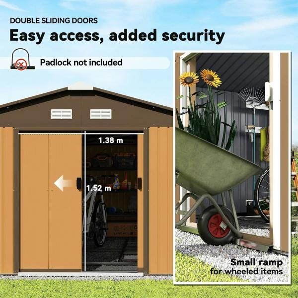 Light brown shed front with double sliding doors, showing interior access space