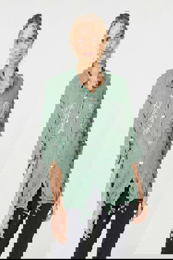 Sage | Sequin Detail 3/4 Turn-Up Sleeve Shirt
