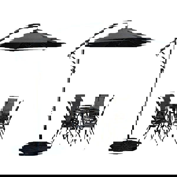 Samuel Alexander Outdoor 4 Person Round Glass Top Garden Dining Table Chairs With Black Banana Parasol and Base