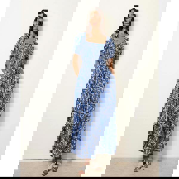 Blue Vanilla Large Floral Printed Square Neck Puff Sleeve Dress