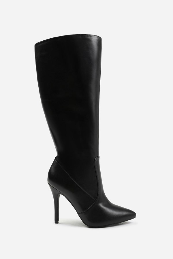 Where's That From Zoya Wide Calf High Heel Boot in Wide E Fit in Black Faux Leather