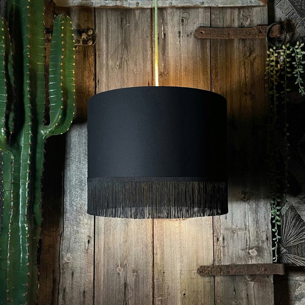 Love Frankie black cotton lampshade copper lining fringing light on