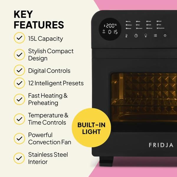 The Fridja f66 Super Oven, a black 15L digital air fryer oven, is shown alongside key features like convection cooking, 12 presets, PFAS-free design, stainless steel interior, digital temperature controls, and a built-in light.
