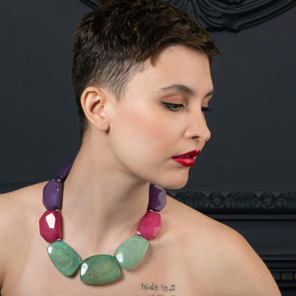 Chunky Green, Pink and Purple Statement Necklace for Women - namana.london
