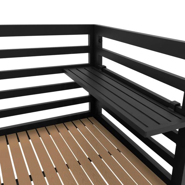 Aluminium and wood outdoor kitchen set featuring a sleek black frame, slatted wood surface, and a foldable side shelf for convenience