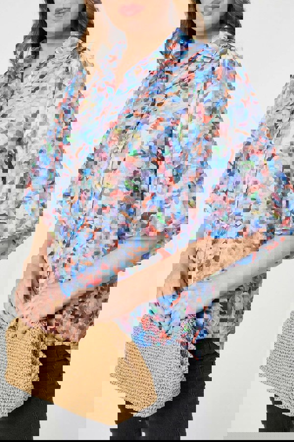 Blue | Printed Puff Sleeve Collared Shirt
