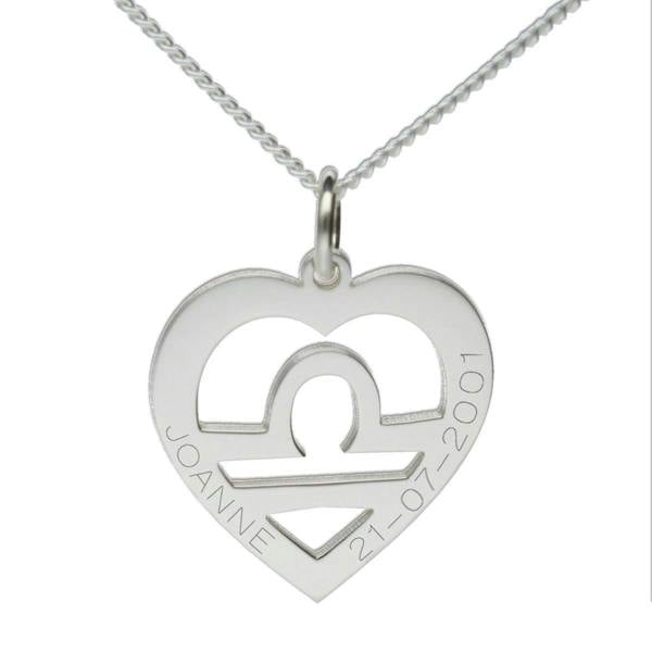 Sterling Silver Star Sign Heart Pendant With Optional Engraving & Chain - Love Silver Jewellery