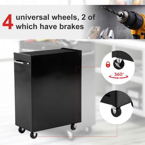 Black 5-drawer tool cabinet with universal casters and lockable drawer pulls
