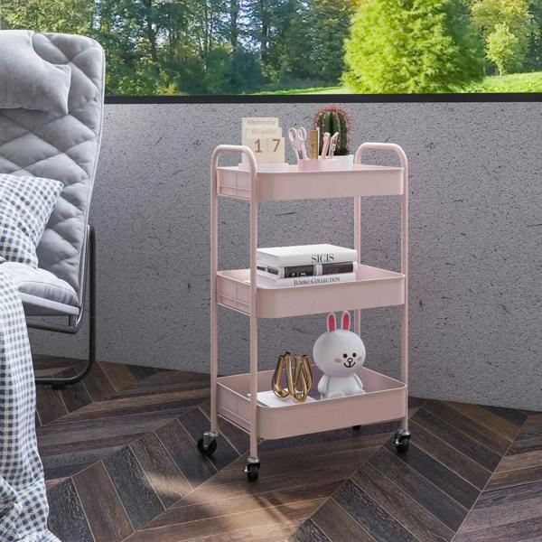 Pink three-tier storage trolley with open shelves and four rolling caster wheels for storage