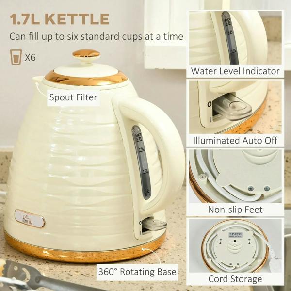 Beige electric kettle with water level indicator and 360° rotating base, feature view