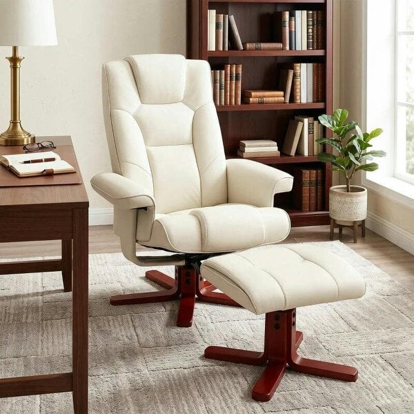 Faux Leather Manual Recliner and Footstool Set - Cream White
