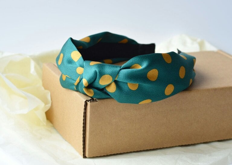 Antonia York Polka Dot Rigid Headband Jade Green Silky Fabric with Mustard Yellow Spots