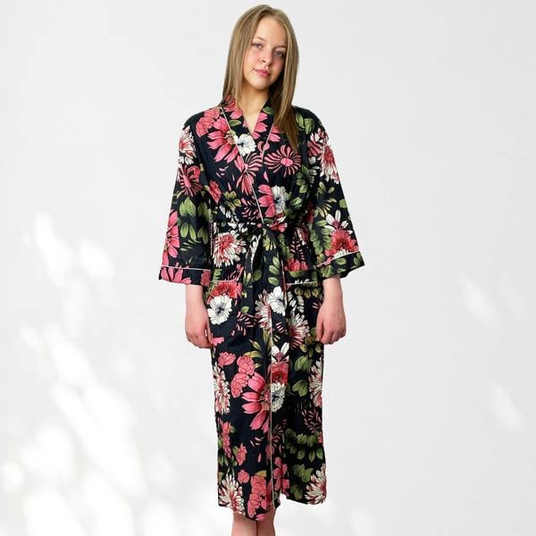 Hayley & Co Black and Pink Flower Print 100% Cotton Dressing Gown