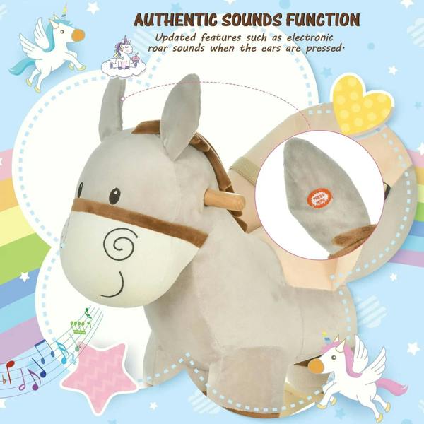 Grey plush donkey rocker with built-in sound feature and padded seat on wood base
