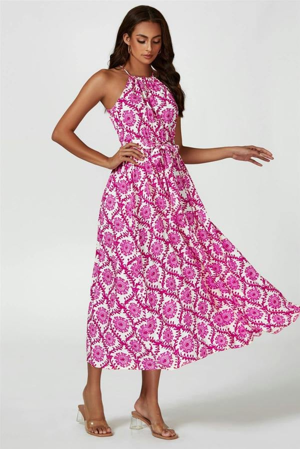 FS Collection Floral Print Tie Halterneck Maxi Dress In Pink