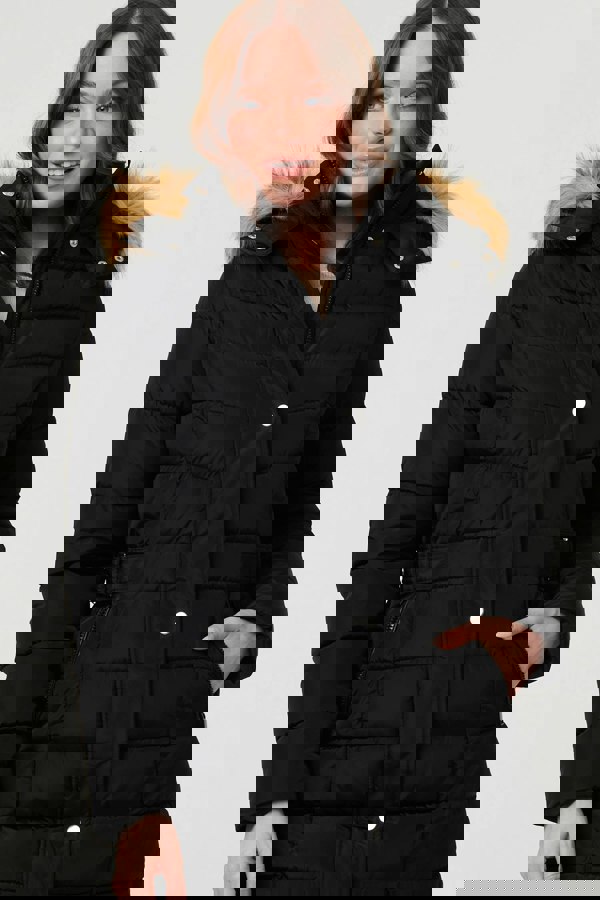 Black | Hooded Faux Fur Trim Longline Jacket
