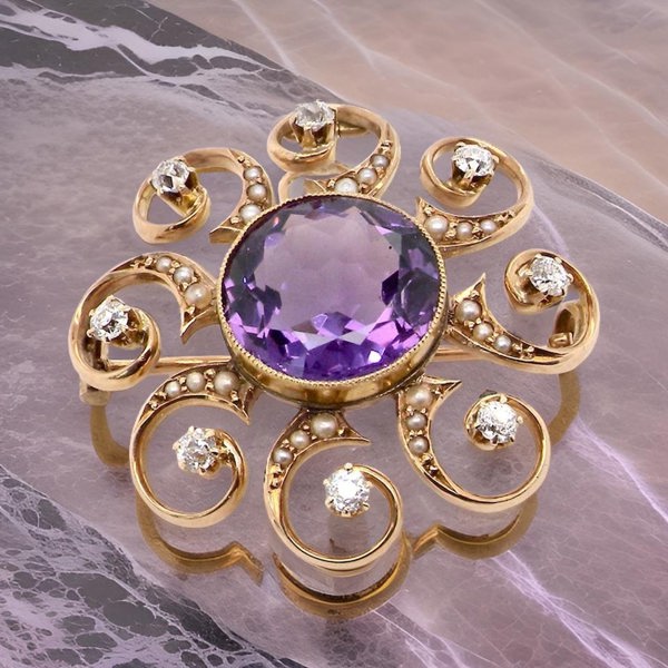 Antique Amethyst and Diamond Brooch