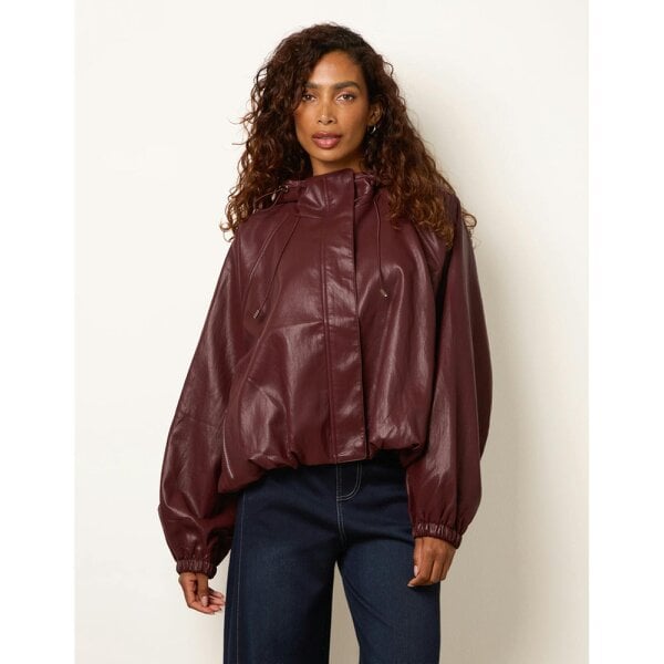 Blue Vanilla Hooded Leather Look Bomber Jacket