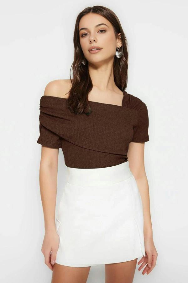 WOVCOR Asymmetrical Collar Fitted Snap Button Knitted Bodysuit