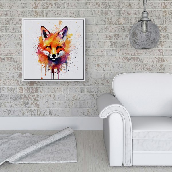 Warren Reed Watercolour Splash Art Fox Face Framed Canvas