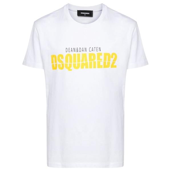 Dsquared Split Printed Logo Yellow T-Shirt   in  White