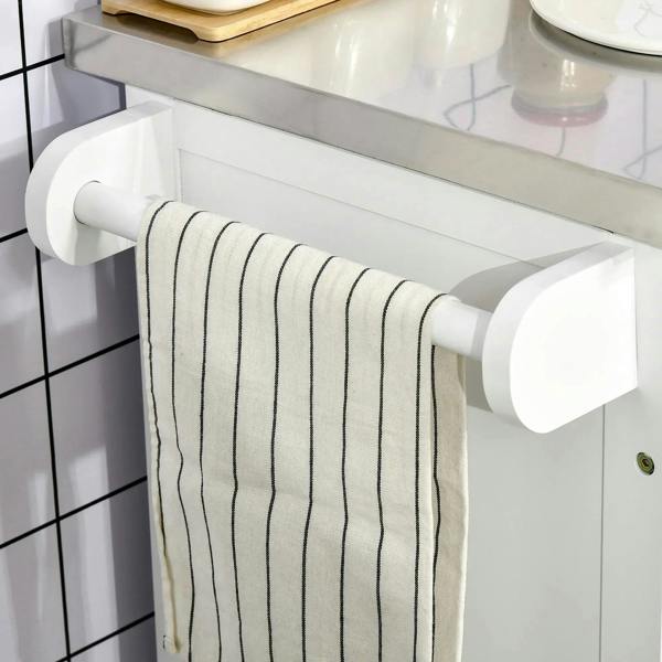 White side towel holder handle bar attached to kitchen island cart