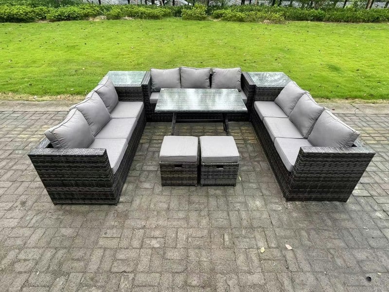 Fimous Wicker PE Rattan Outdoor Furniture Lounge Sofa Garden Dining Set with Dining Table 2 Side Tables 2 Small Footstools Dark Grey Mixed