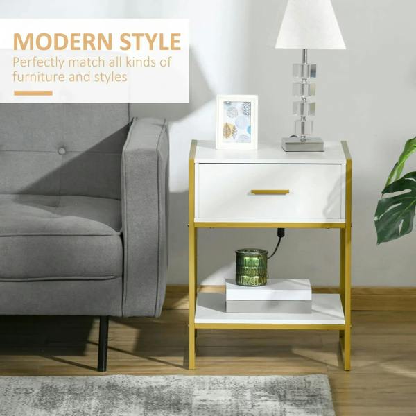 White bedside table with gold frame, single drawer, and open shelf for bedside use.