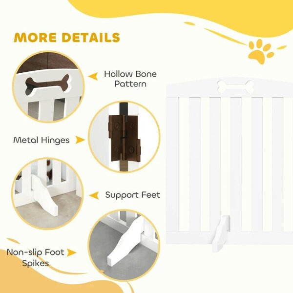 Wooden Dog Gate, Freestanding Pet Gate with Support Feet for Doorways, Hallways, Stairs, 207.5L x 61H cm, White
