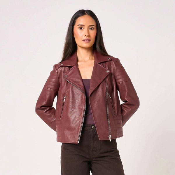 Barneys Originals Women's Burgundy Leather Ribbed Asymmetric Biker Jacket