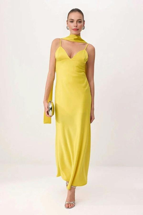 WOVCOR Scarf Detail Satin Maxi Dress with Strappy Design