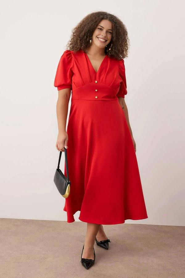 WOVCOR V-Neck Balloon Sleeve Pearl Button Midi Elegant Woven Plus Size Dress