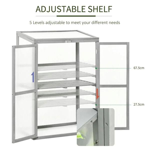 Adjustable shelf cold frame greenhouse with height-marked frame and open side door