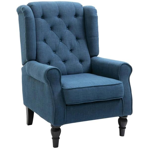 Blue wingback accent chair with rolled arms and tufted back, upholstered fabric.
