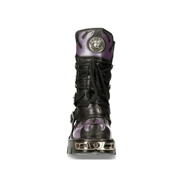 New Rock Flame Accented Black/Red Leather Biker Skull Boots- M-591-S5